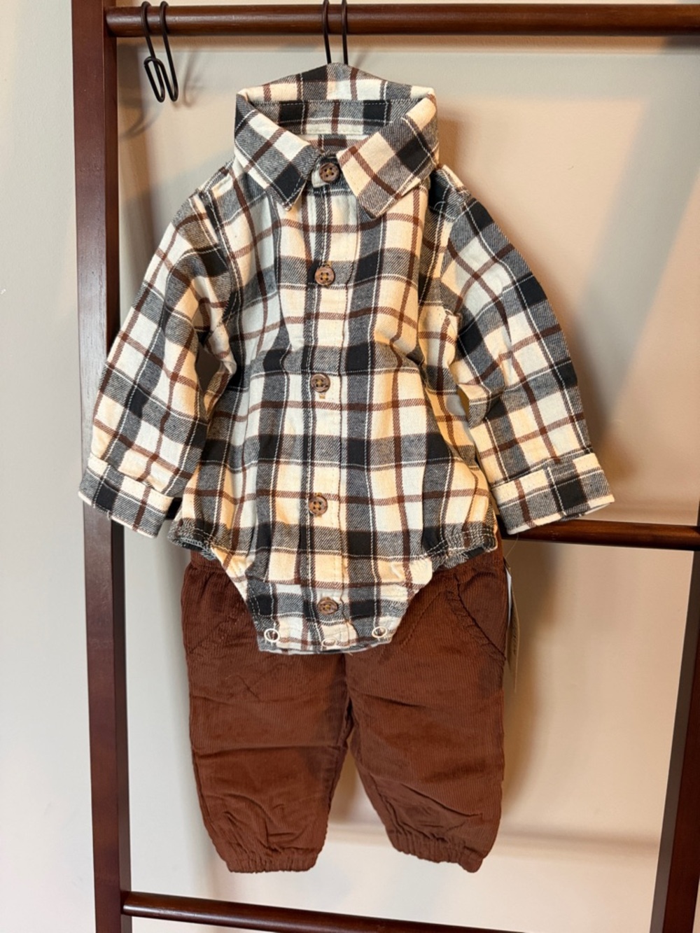 Kids Plaid Button-Up Matching Set in Cream & Brown
